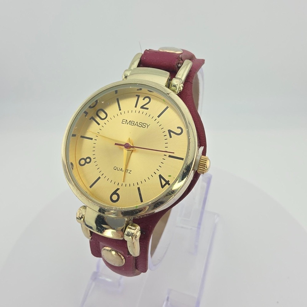 Vtg EMBASSY Ladies Watch Red Faux Leather Bund Strap Gold Tone 7.5" New Battery